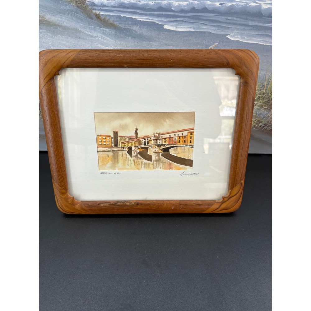 Vintage Fetco Teak Frame Watercolor Painting Ponte Vecchio Florence Italy 2000